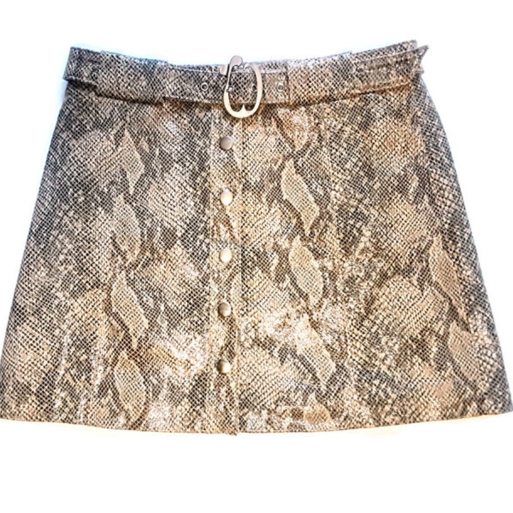 Madewell Women Taupe Brown Snake Print Faux Leather Mini Skirt Sz M